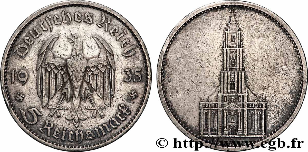GERMANY 5 Reichsmark église de la garnison de Potsdam 1935 Berlin XF 