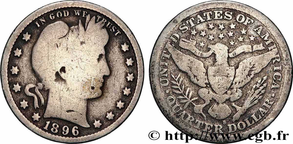 ÉTATS-UNIS D&nbsp;AMÉRIQUE 1/4 Dollar Barber 1896 San Francisco TB 