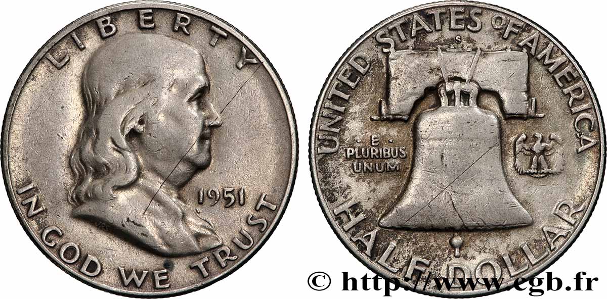 ESTADOS UNIDOS DE AMÉRICA 1/2 Dollar Benjamin Franklin 1951 Philadelphie BC+ 