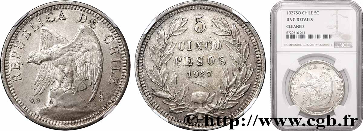 CHILE 5 Pesos condor variété au “5” large 1927 Santiago MS NGC