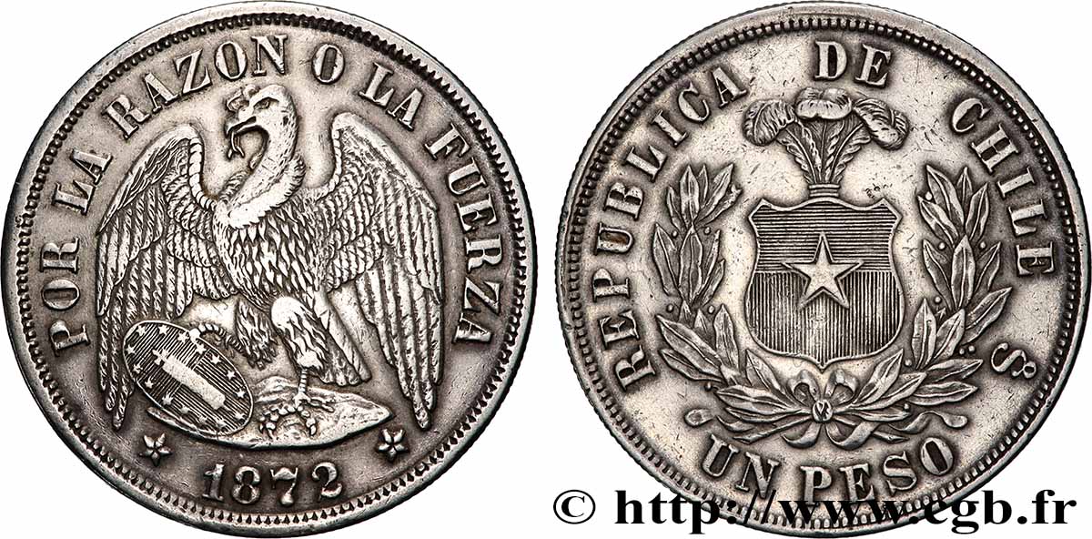 CHILI 1 Peso 1872 Santiago - S° TTB+ 