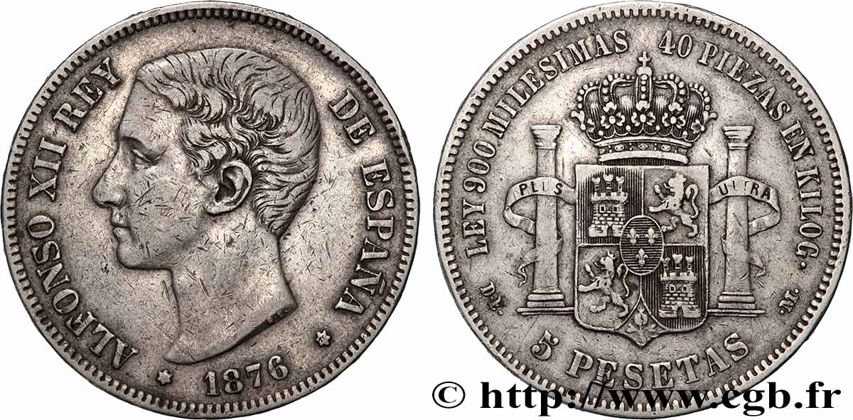 ESPAGNE 5 Pesetas Alphonse XII 1876 Madrid TTB 