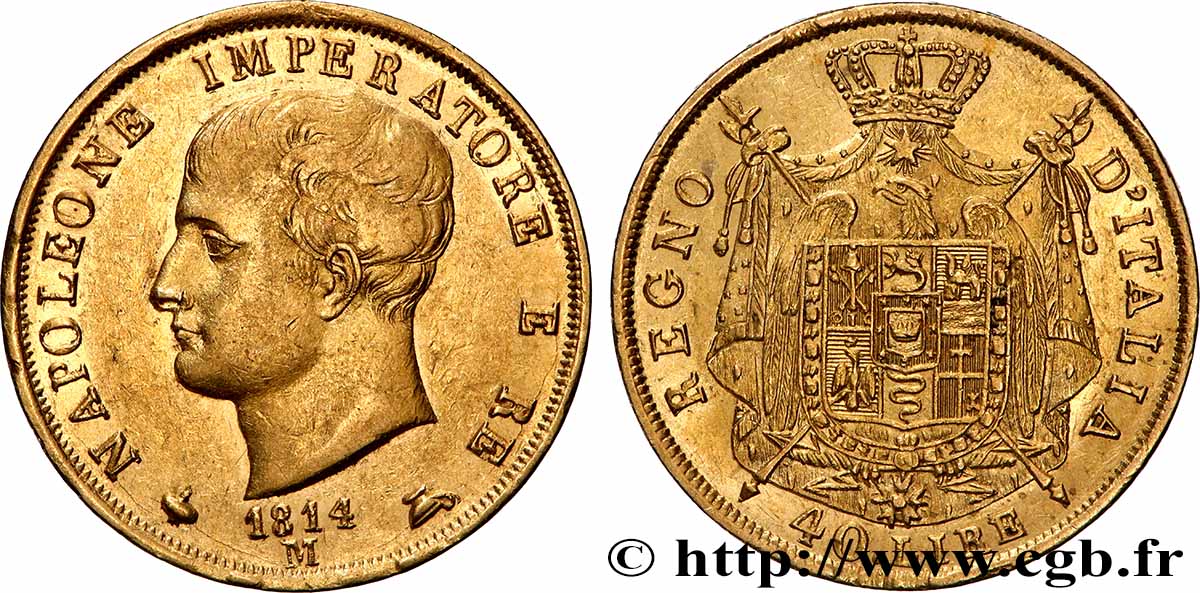 ITALIA - REINO DE ITALIA - NAPOLEóNE I 40 Lire 1814 Milan MBC+ 