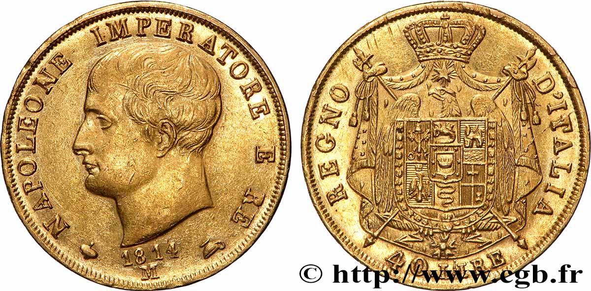 ITALIE - ROYAUME D&nbsp;ITALIE - NAPOLÉON Ier 40 Lire 1814 Milan TTB+/SUP 
