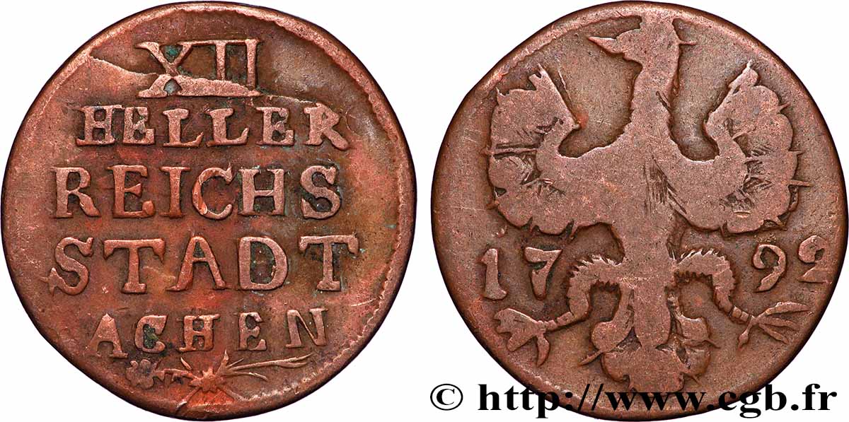 GERMANY - AACHEN 12 (XII) Heller ville de Aachen aigle 1792  VF 