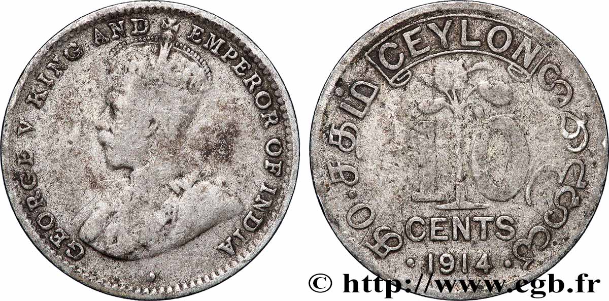 CEYLON 10 Cents Georges V 1914 Londres VF 