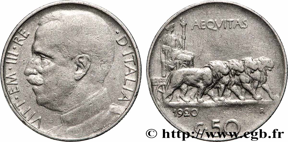 ITALIE - ROYAUME D&nbsp;ITALIE - VICTOR-EMMANUEL III 50 Centesimi 1920 Rome TB+ 