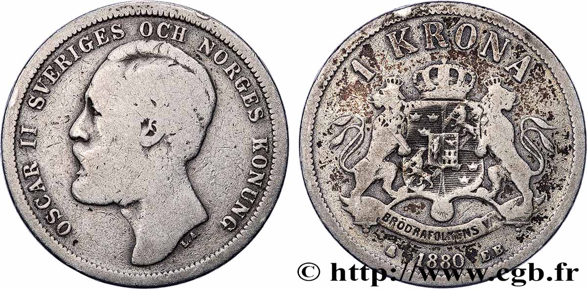SVEZIA 1 Krona Oscar II de Suède et de Norvège 1880  MB 