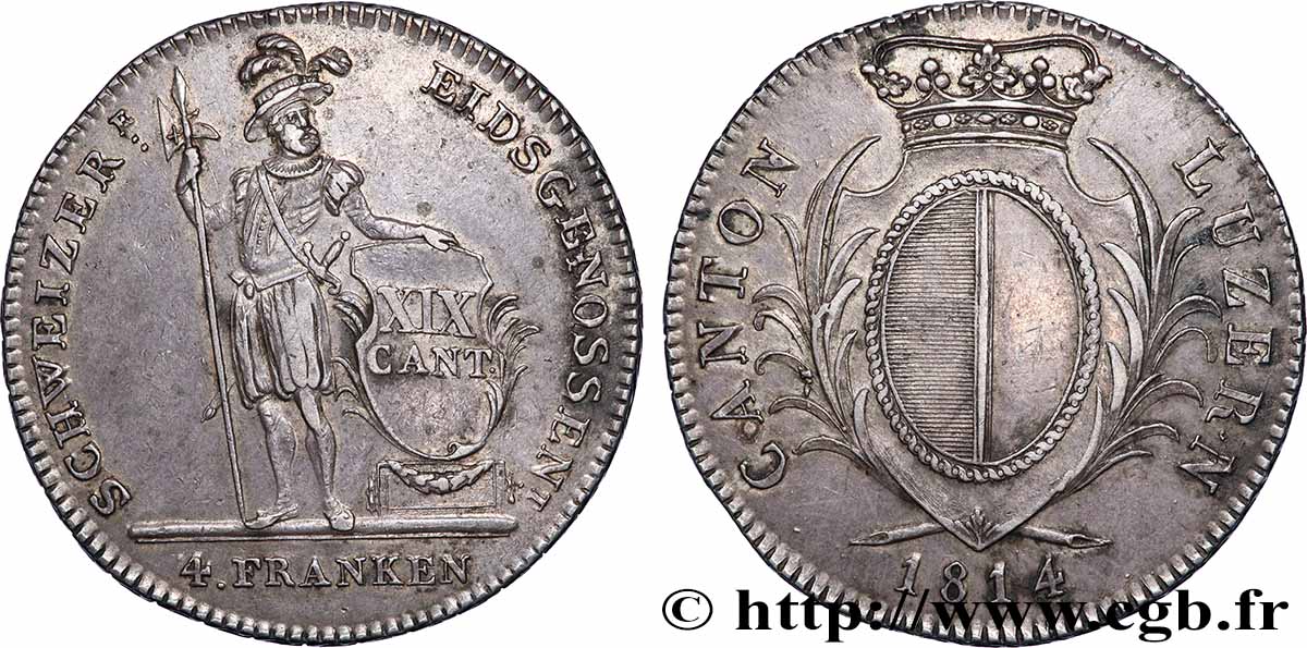 SUISSE - CANTON DE LUCERNE 4 Franken 1814 Lucerne TTB+/SUP 