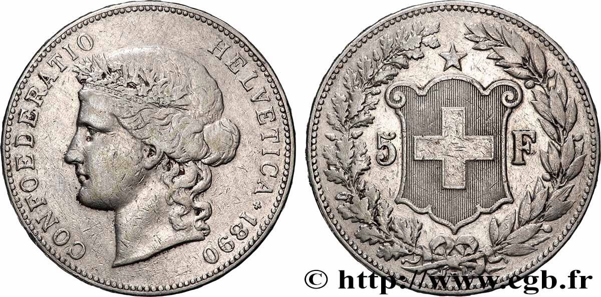 SWITZERLAND 5 Francs Helvetia 1890 Berne XF 