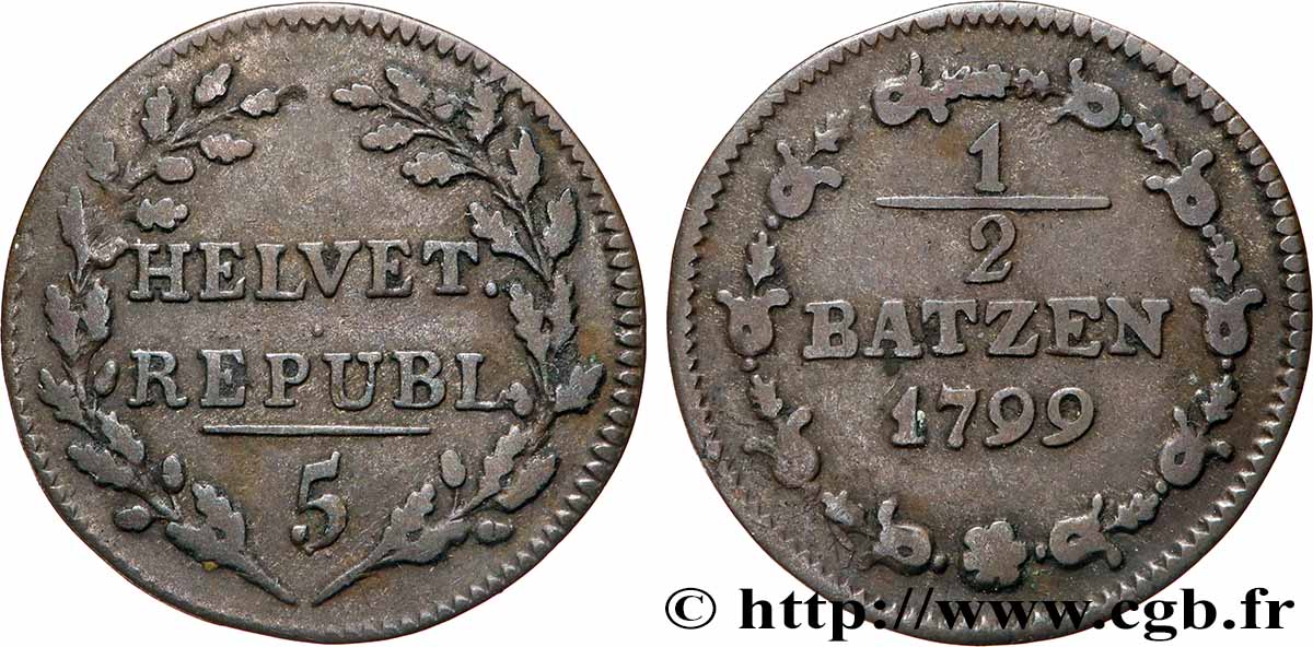 SUISSE - RÉPUBLIQUE HELVÉTIQUE 1/2 Batzen 1799 Berne TTB 