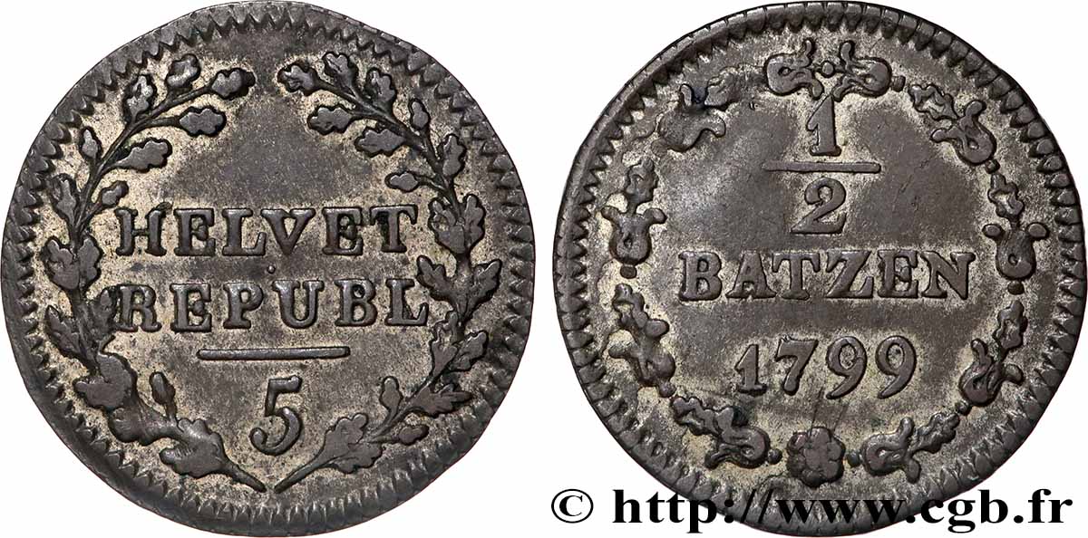 SUISSE - RÉPUBLIQUE HELVÉTIQUE 1/2 Batzen 1799 Berne TTB 