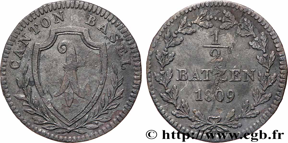 SWITZERLAND - CANTON OF BASEL 1/2 Batzen 1809  VF 