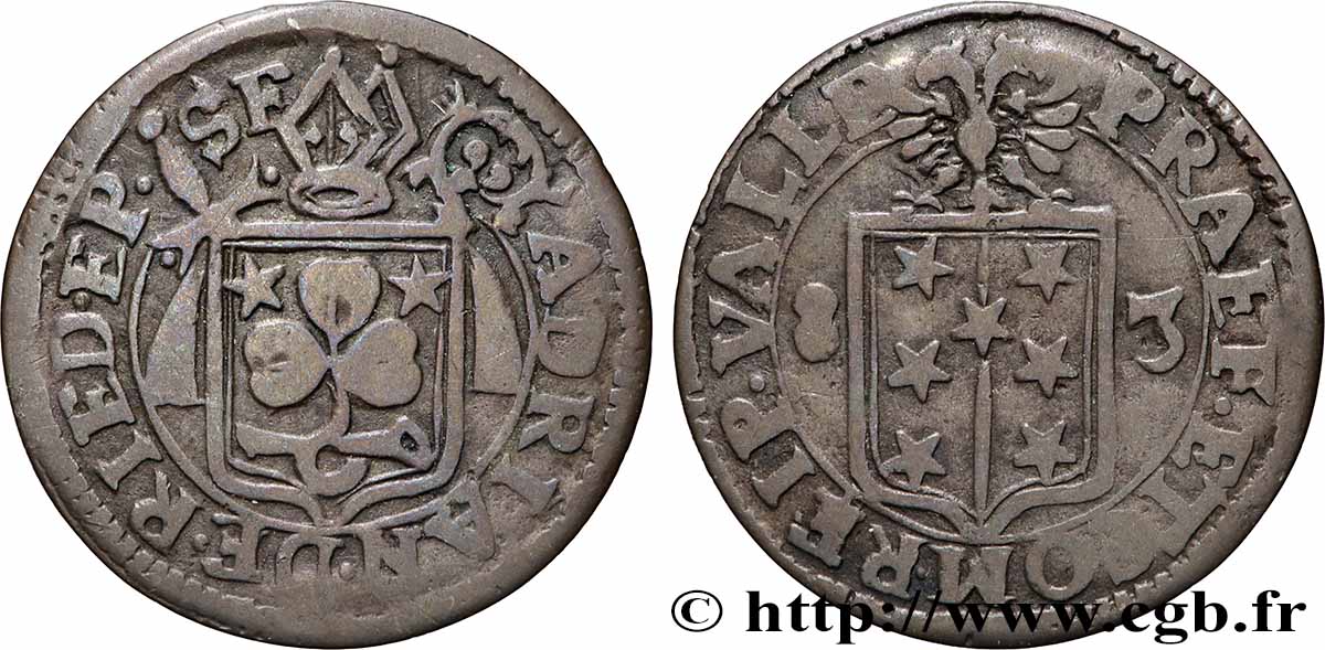 SUISSE - CANTON DU VALAIS 1/2 Batzen canton de Sitten frappe au nom du prince évêque Adrien V von Riedmatten 1683  TB+ 