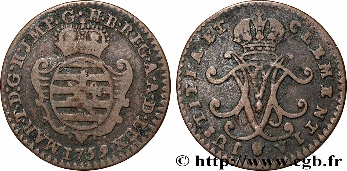 LUXEMBOURG 1 Liard monogramme de Marie-Thérèse d’Autriche 1759 Bruxelles TB+ 