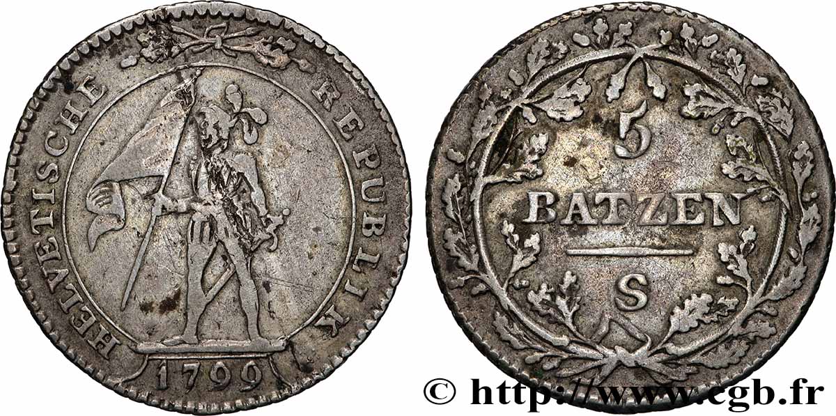 SUISSE - RÉPUBLIQUE HELVÉTIQUE 5 Batzen 1799 Soleure TB+ 