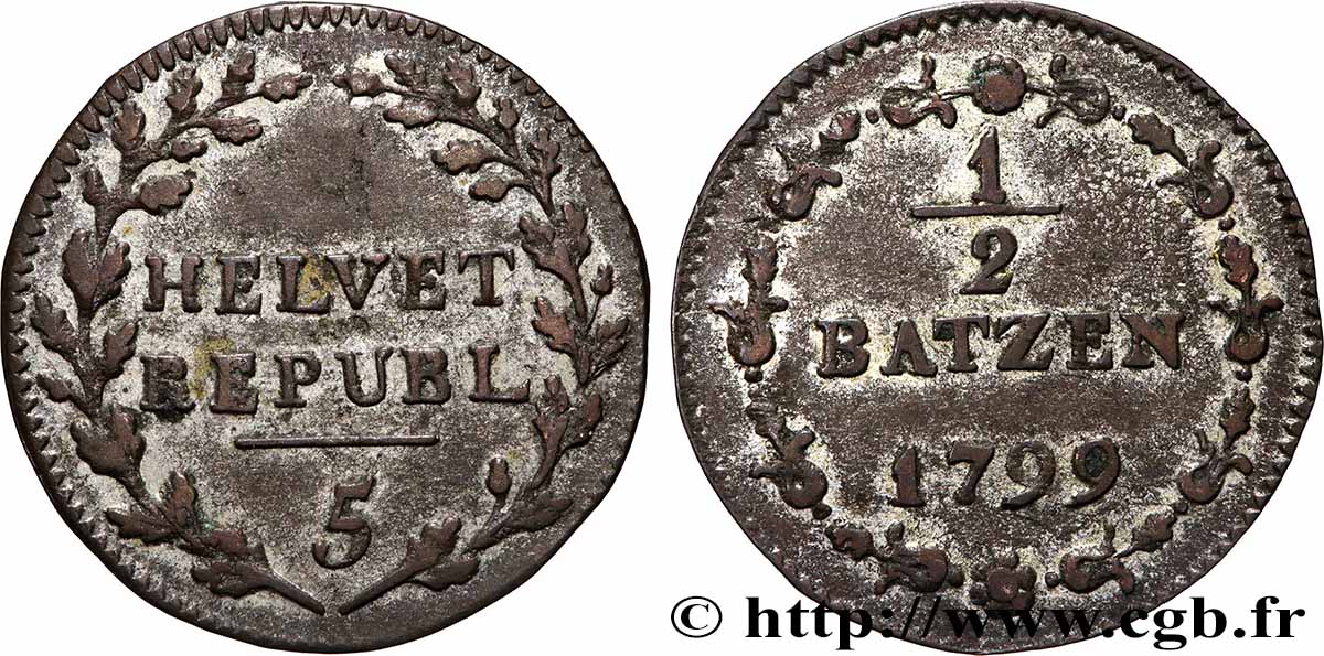 SUISSE - RÉPUBLIQUE HELVÉTIQUE 1/2 Batzen 1799 Berne TTB 