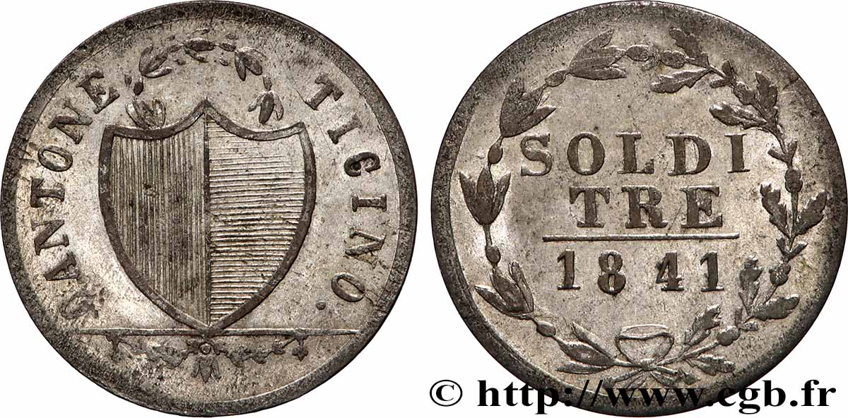 SUISSE - CANTON DU TESSIN 3 Soldi 1841  SUP 