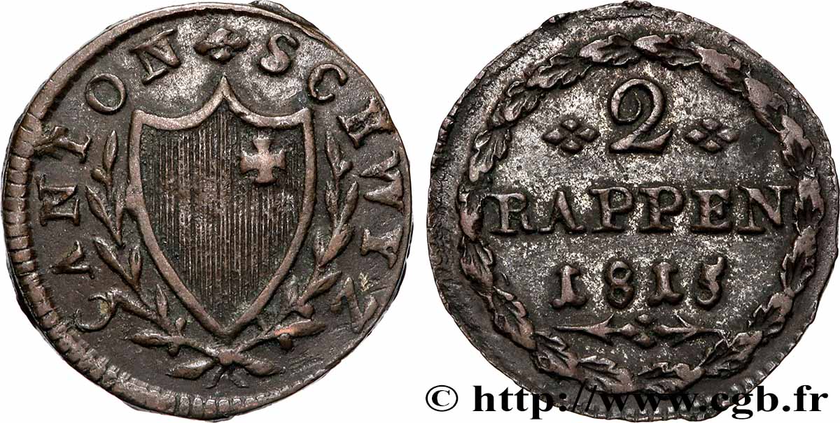 SWITZERLAND - cantons coinage 2 Rappen - Canton de Schwyz 1815  AU 