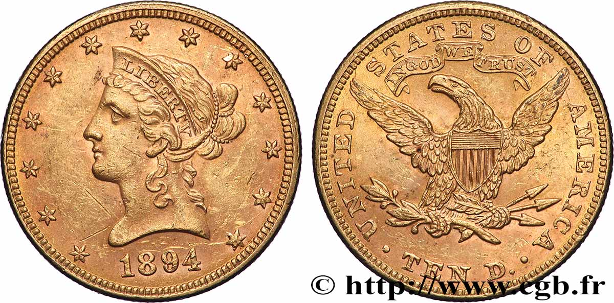 ORO, PALADIO Y PLATINO INVERSIÓN 10 Dollars &nbsp;Liberty&nbsp; 1894 Philadelphie MBC+ 