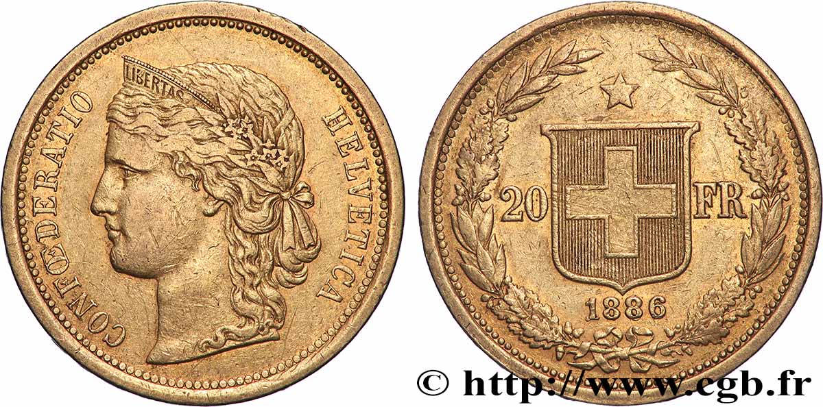OR, PALLADIUM ET PLATINE INVESTISSEMENT 20 Francs Helvetia 1886 Berne TTB 