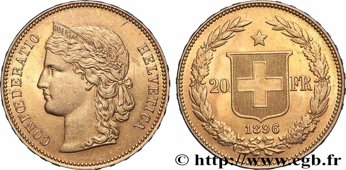 OR, PALLADIUM ET PLATINE INVESTISSEMENT 20 Francs Helvetia 1896 Berne SUP 