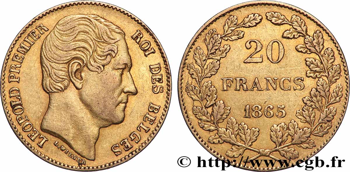ORO, PALADIO Y PLATINO INVERSIÓN 20 Francs Léopold Ier 1865 Bruxelles MBC+ 
