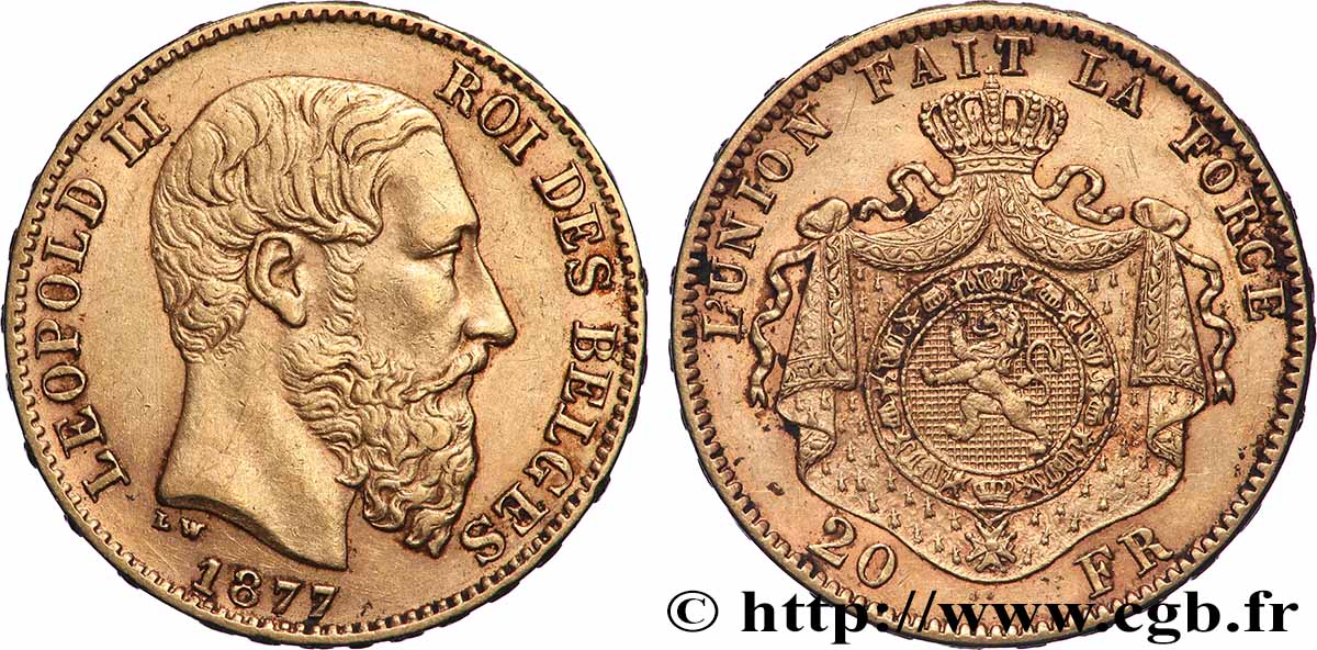 OR, PALLADIUM ET PLATINE INVESTISSEMENT 20 Francs Léopold II 1877 Bruxelles TTB+ 