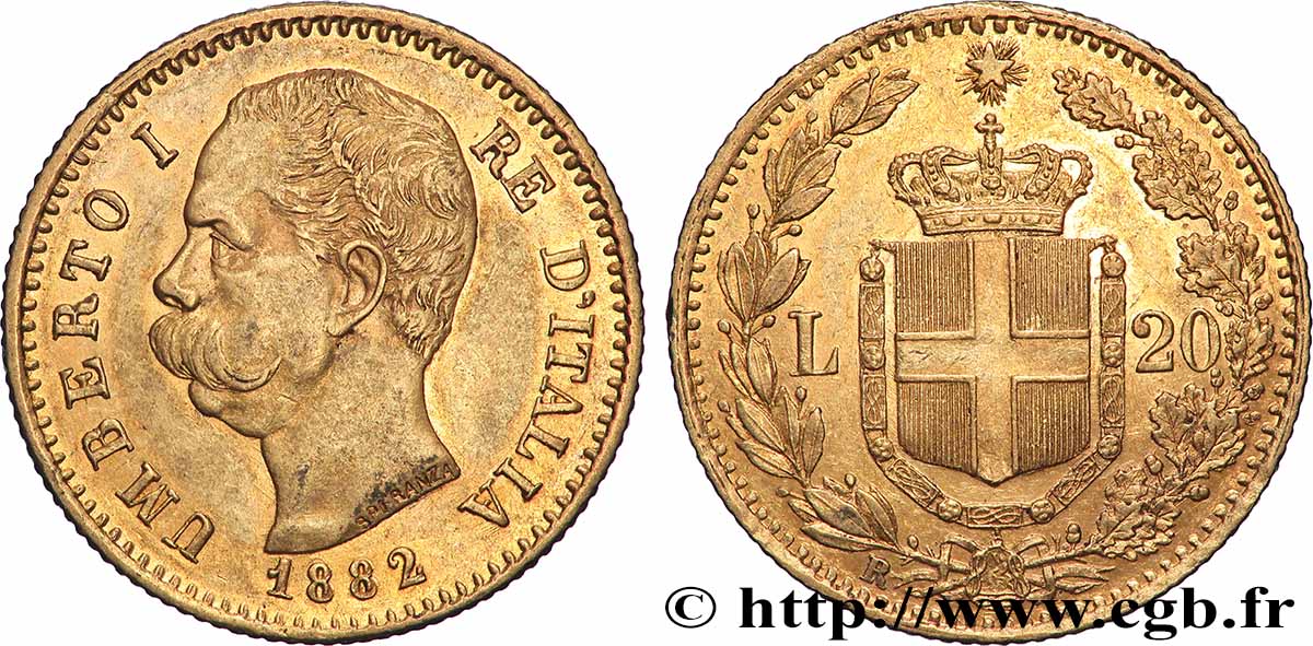 GOLD-, PALLADIUM- UND PLATIN-INVESTITIONEN 20 Lire Umberto Ier 1882 Rome fVZ 