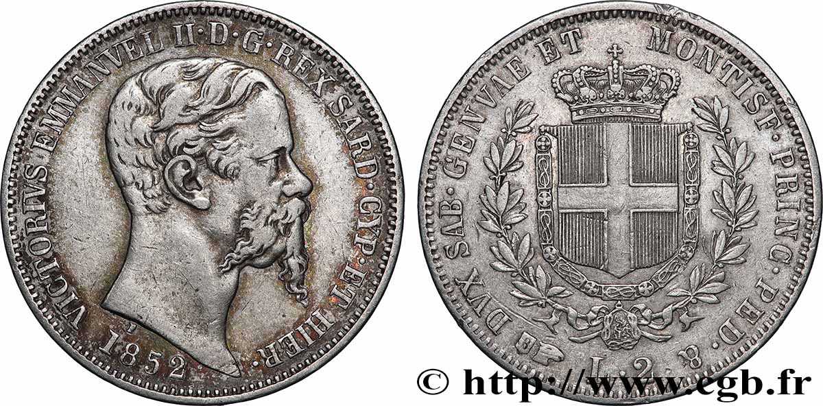 ITALY - KINGDOM OF SARDINIA - VICTOR-EMMANUEL II 2 Lire  1852 Turin XF 