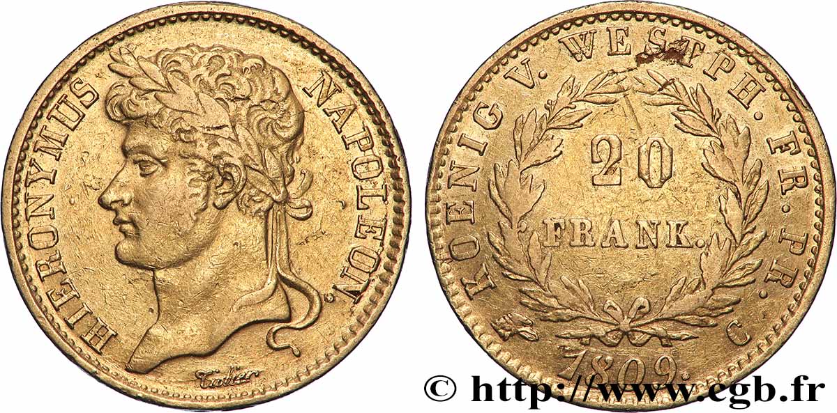 ALLEMAGNE - ROYAUME DE WESTPHALIE - JÉRÔME NAPOLÉON 20 Franken 1809 Cassel TTB 