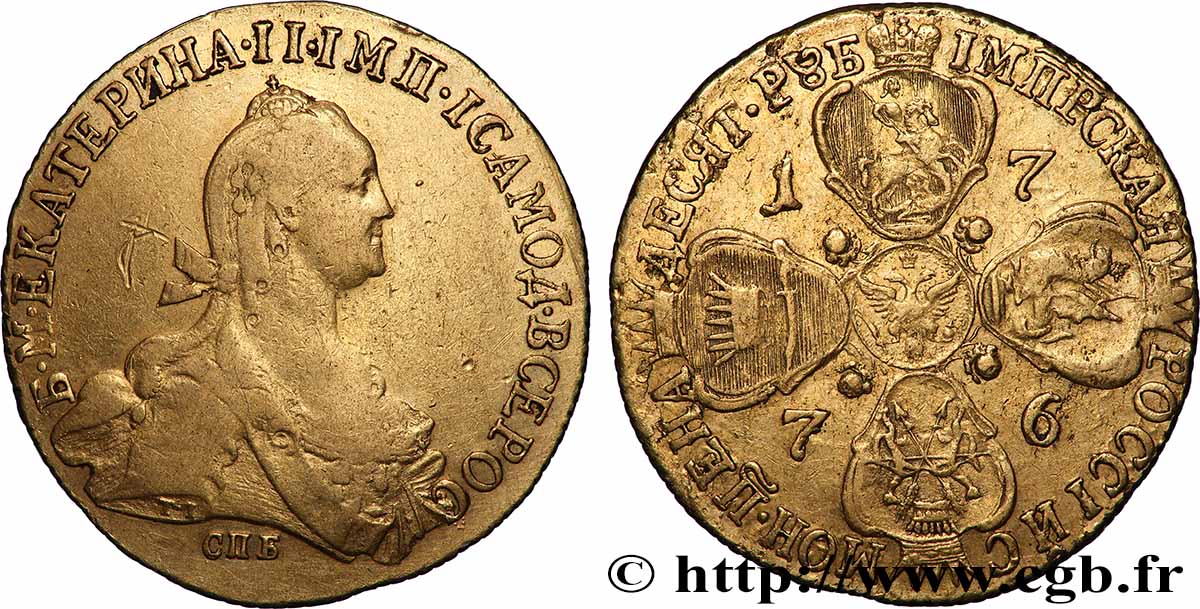 RUSSIE - CATHERINE II 10 Roubles 1776 Saint-Petersbourg TB+/TTB 