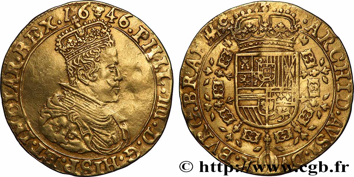 PAYS-BAS ESPAGNOLS - DUCHÉ DE BRABANT - PHILIPPE IV Double souverain d’or 1646 Bruxelles TTB+ 