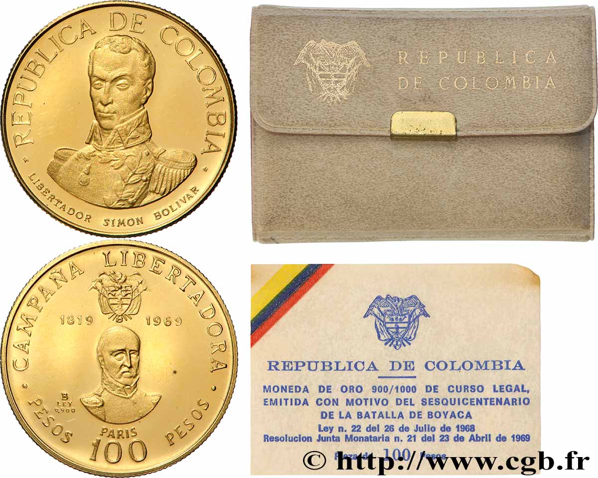 COLOMBIE 100 Pesos or 150 ans de la Libération 1969  SPL 