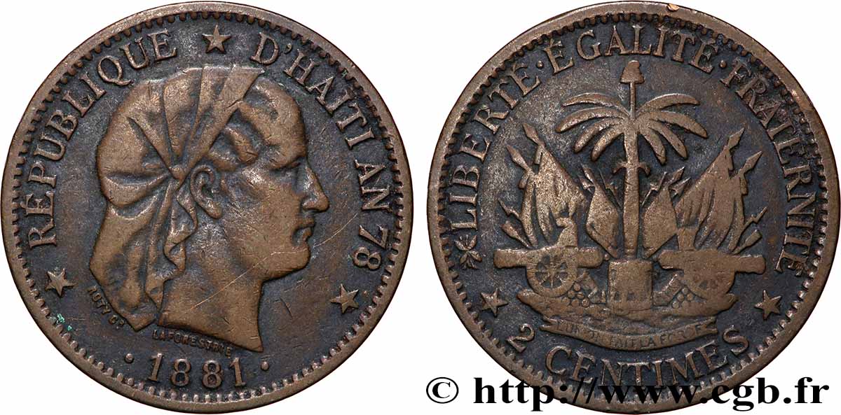HAÏTI 2 Centimes an 78 emblème “Liberté créole” de Roty 1881 Paris TTB 