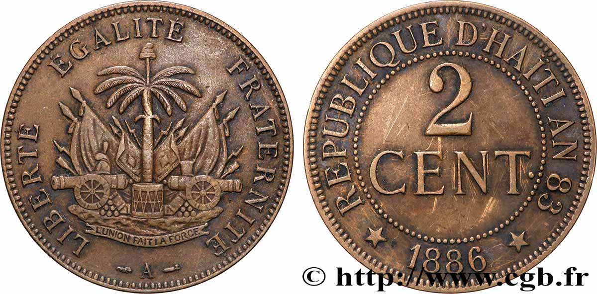 HAITI 2 Centimes emblème 1886 Paris XF 
