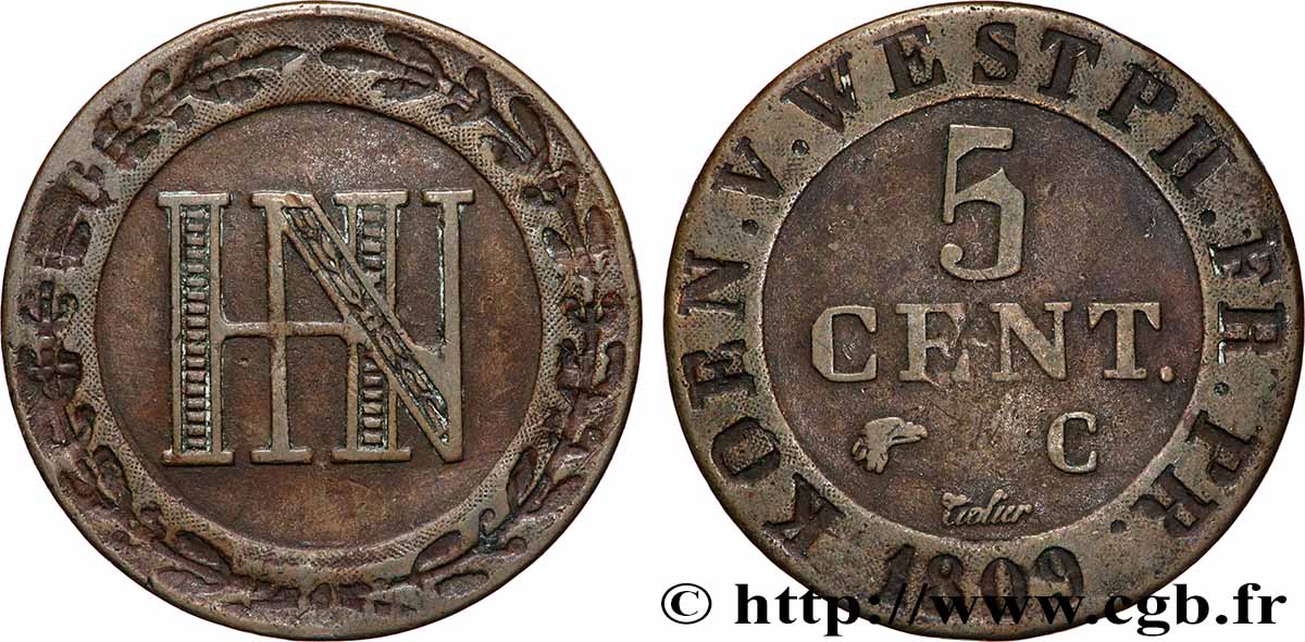 ALLEMAGNE - ROYAUME DE WESTPHALIE 5 Centimes monogramme de Jérôme Napoléon 1809 Cassel TTB 