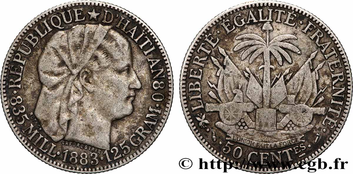 HAITI 50 Centimes emblème “Liberté créole” de Roty 1883 Paris SS 