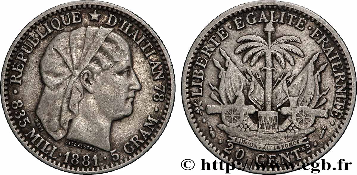 HAÏTI 20 Centimes emblème “Liberté créole” de Roty 1881 Paris TTB 