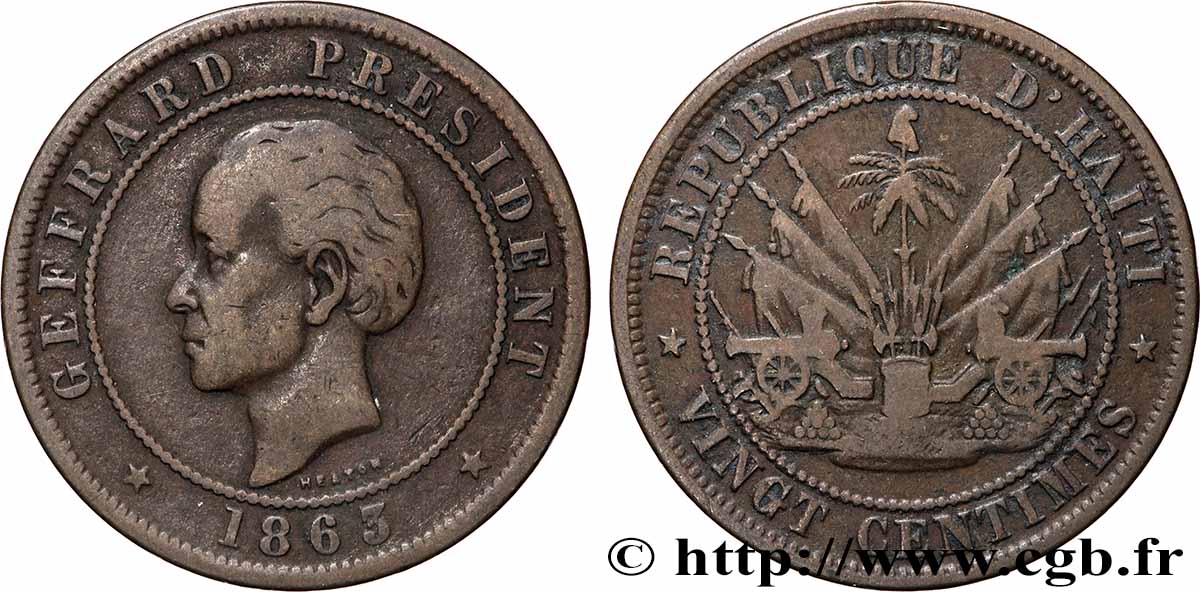 HAITI 20 Centimes président Geffrard 1863 Heaton VF 