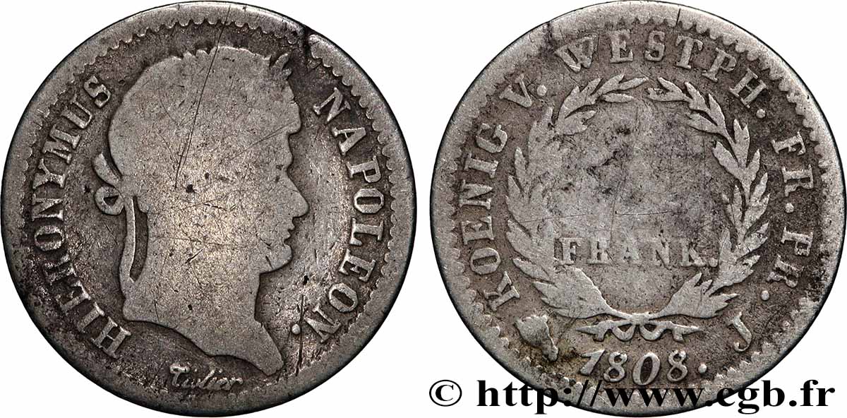 GERMANY - KINGDOM OF WESTPHALIA - JÉRÔME NAPOLÉON 1/2 Franken 1808 Paris fS 