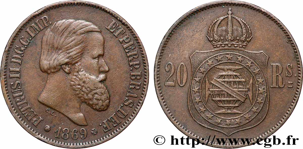 BRÉSIL 20 Réis  Empereur Pierre II 1869  TTB+ 