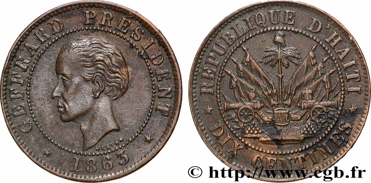 HAITI 10 Centimes président Geffrard 1863 Heaton AU 
