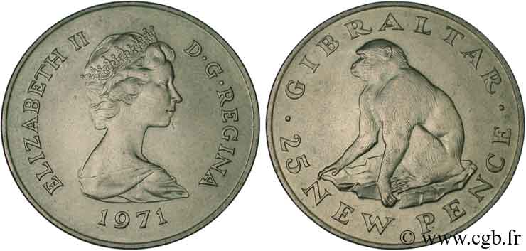 GIBRALTAR 25 New Pence Elisabeth II / singe Magot 1971  MS 