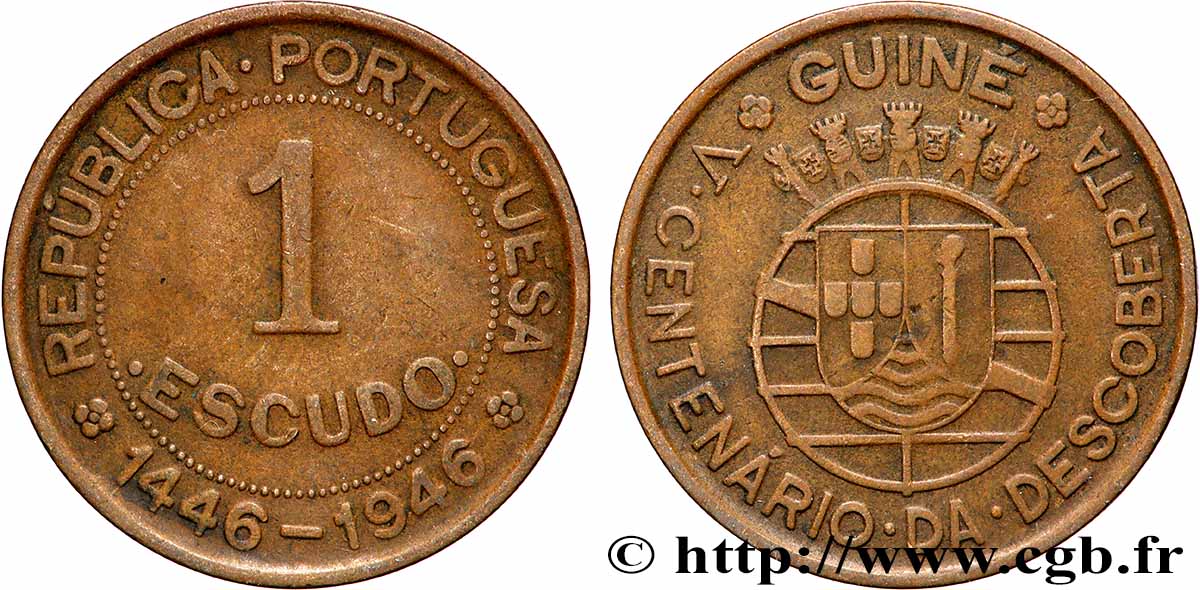 GUINEA-BISSAU 1 Escudo monnayage colonial Portugais - cincentenaire de la découverte 1946 Lisbonne XF 
