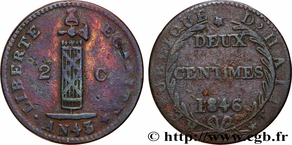 HAITI 2 Centimes faisceau, an 43 1846  q.BB 