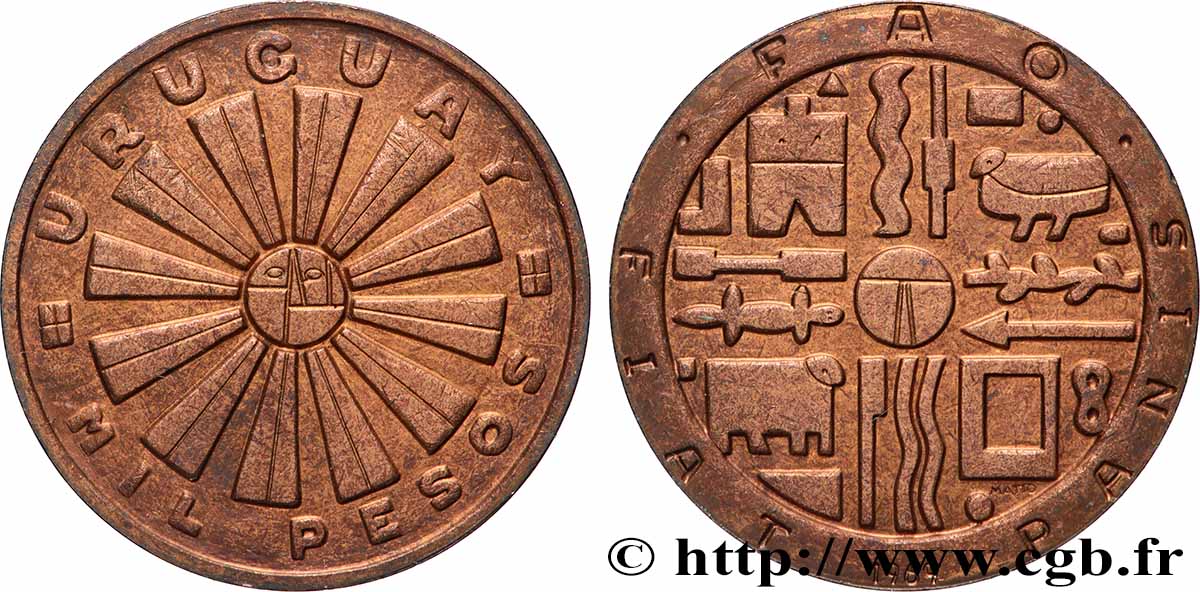 URUGUAY Essai cuivre 1000 Pesos F.A.O. 1969 Santiago TTB 