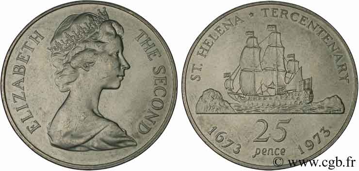 ST HELENA 25 Pence Elisabeth II / tricentenaire de la colonie 1973  AU 