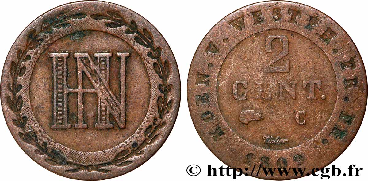 ALLEMAGNE - ROYAUME DE WESTPHALIE 2 Centimes monogramme Jérôme Napoléon 1809 Cassel TB+ 