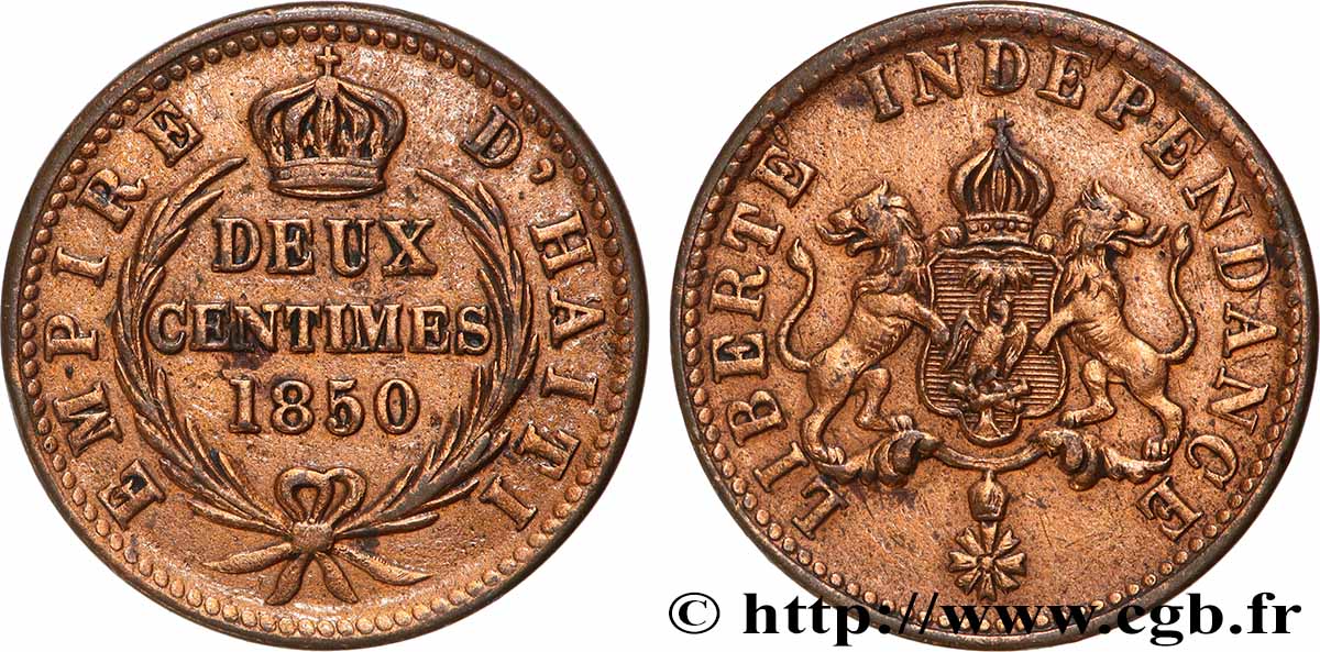 HAITI 2 Centimes Empire d’Haiti emblème 1850  XF 